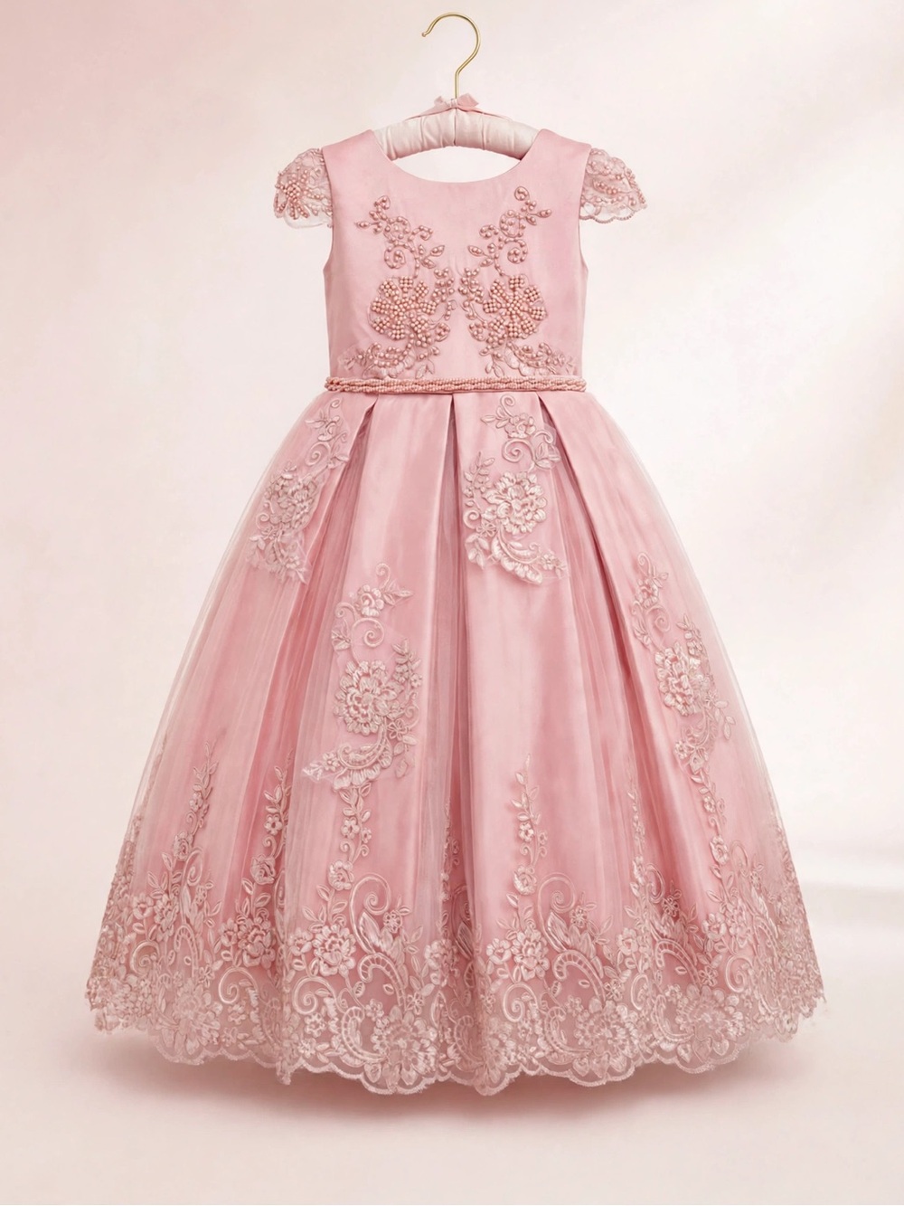 NWT Girl's Pink Lace Pearl Embroidered Ball Gown Flower Girl Pageant Dress 12/13